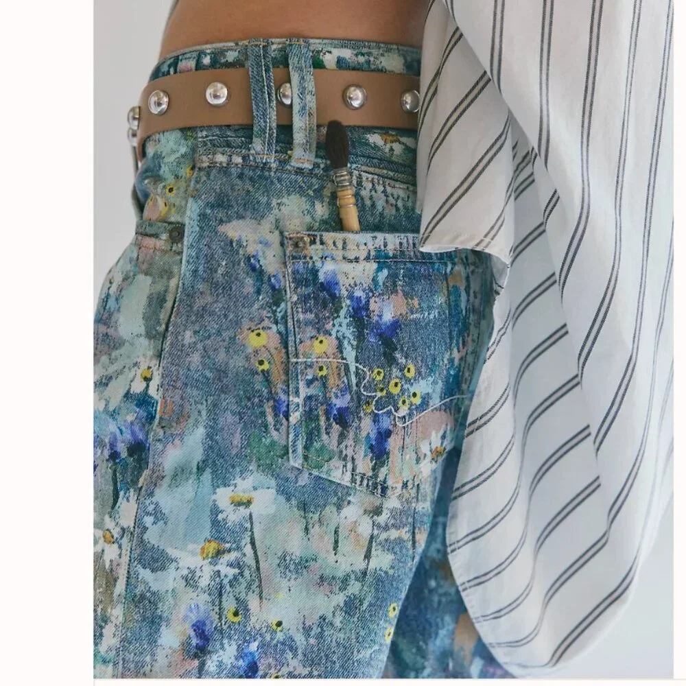 NWT Free People Tennessee Low-Rise Illusions Jeans in Floral Canvas